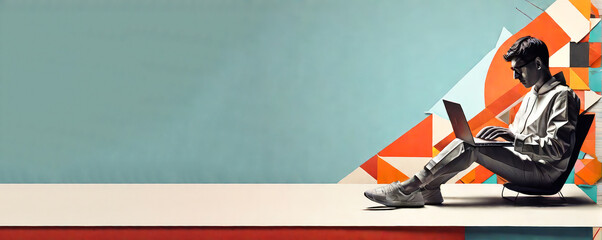 A programmer in casual clothes works coding  with laptop in an informal setting. Collage in geometric style, copyspace