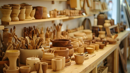 Assorted Wooden Kitchenware on Display at Craft Store