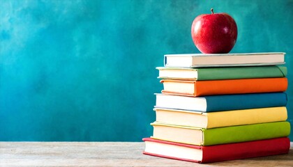stack of books with red apple on blackboard