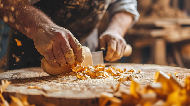 Woodworker Carving a Wooden Bowl with Chisel and Wood Shavings