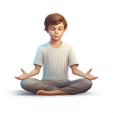 Youngster practicing yoga or meditation, representing mindfulness isolated on white background, realistic, png
