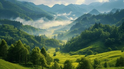 Naklejka premium The serene tranquility that accompanies the lush green of the mountains.