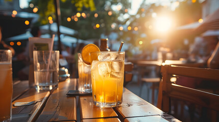 Iced Drink on Outdoor Patio Table with Evening Sun