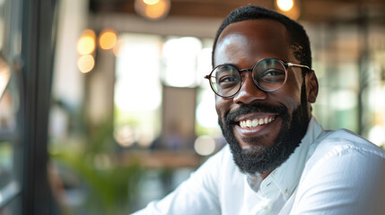 Obraz premium Smiling man with a beard and glasses, wearing a white shirt, against a softly blurred indoor background.