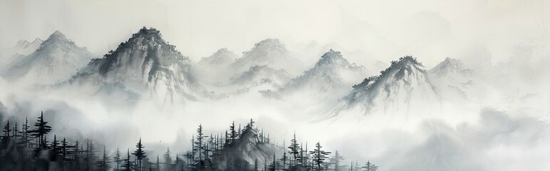Chinese watercolor painting on wash paper with mountain, fog and trees - obrazy, fototapety, plakaty