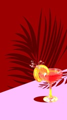 Contemporary art collage. Sex on beach. Exotics refreshing cocktail stands on pink bar counter and surrounded shadows of plants. Relax atmosphere. Concept of parties, holidays, Friday mood, summertime