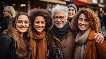 Multiracial happy people on the street smiling and hugging, foreign exchange students of different ages. AI generated