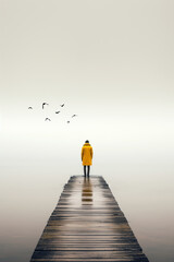 Person mit gelber Jacken steht im Nebel am See - obrazy, fototapety, plakaty
