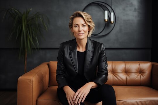Portrait of a smiling woman in her 40s sporting a stylish leather blazer against a modern minimalist interior. AI Generation
