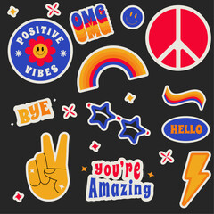 Colorful retro cartoon stickers set. Doodle vector cartoon badge and phrase, funny printing patch stamp.