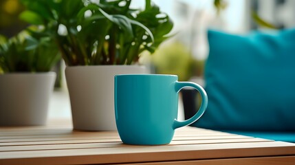 Balcony View of a turquoise Mug on a wooden Table. Close up with a blurred Background
