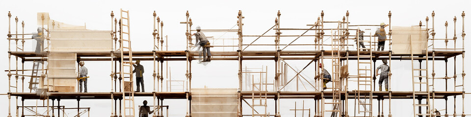 long narrow scaffolding isolated on a white background for the screensaver for the reconstruction of the site construction background