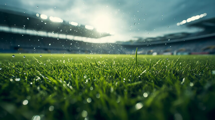 green grass bottom view of a football stadium in the rain