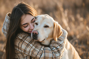 A young woman hugging her labrador, human dog friendship concept