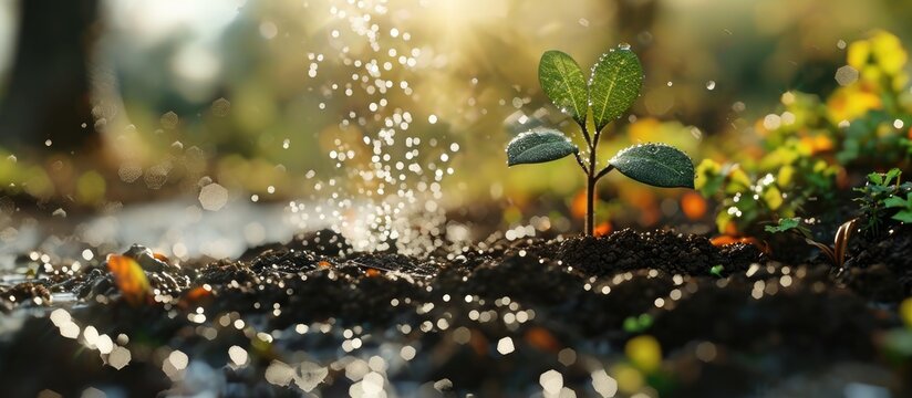 Water sprinkled onto a small plant sprouting from dir