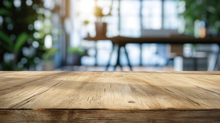 An empty wooden table top with a blurred modern office space background, featuring glass walls and a bright, airy atmosphere, suitable for product display or as a clean, minimalist workspace setting. 