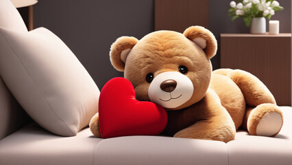 Cute teddy bear with heart shaped pillow, valentine day