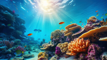 Naklejka na ściany i meble Underwater view of a colorful sea coral reef with fishes. Ocean ecosystem. Generative AI