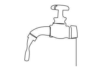 faucet drop of water in continuous line art drawing style. Mixer tap with water drop black linear sketch isolated on white background. Vector illustration
