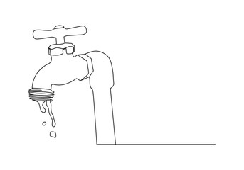 faucet drop of water in continuous line art drawing style. Mixer tap with water drop black linear sketch isolated on white background. Vector illustration
