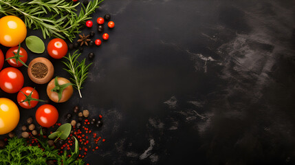 Vegetables set and spices for cooking on dark background,,
Black stone cooking background spices and vegetables top view free space for your text
