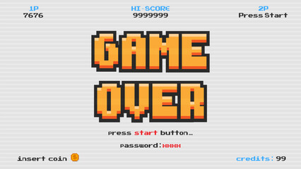 Game over press start button.pixel art .8 bit game.retro game. for game assets in vector illustrations.Retro Futurism Sci-Fi Background. glowing neon grid.and stars from vintage arcade comp	