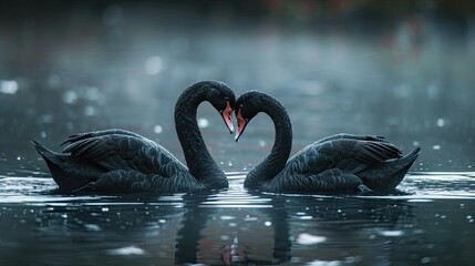 2 black swans kissing and making the shape of a heart on a lake