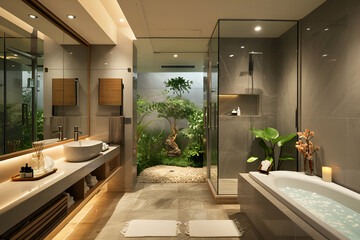 An exotic and stylish, modern bathroom is an oasis of luxury and flair, a unique space, washbasin, giving the bathroom a touch of natural exoticism, interior, relaxation