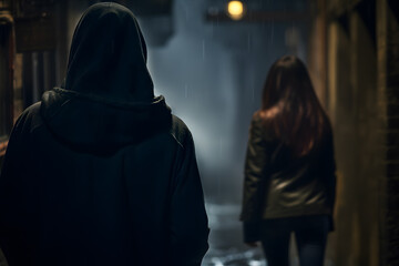 Night scene with man in hood following woman. Concept for crime, stalking and sexual assault
