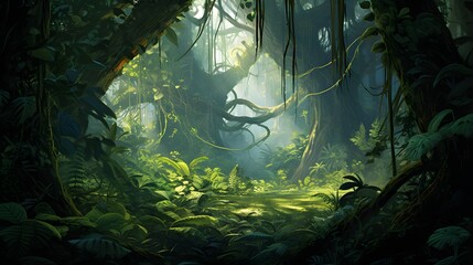 A lush tropical rainforest with towering trees wrapped in vines, Bright overhead sunlight filtering through the dense canopy, Vibrant shades of minty greens, Hazy air perspective, Extremely detailed r