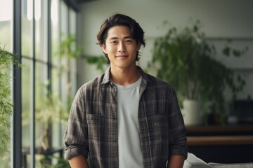 Portrait of a content asian man in his 20s dressed in a relaxed flannel shirt against a modern minimalist interior. AI Generation