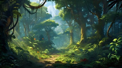 A lush tropical rainforest with towering trees wrapped in vines, Bright overhead sunlight filtering through the dense canopy, Vibrant shades of minty greens, Hazy air perspective, Extremely detailed r - obrazy, fototapety, plakaty