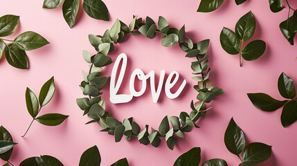 "Love" encircled by a minimalist wreath of spring leaves, Valentine's Day, Flat lay, top view, with copy space