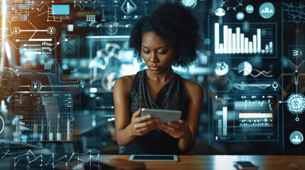Woman using a tablet with futuristic digital graphics, charts, and interface elements superimposed in the foreground, suggesting a high-tech or data analysis theme. - obrazy, fototapety, plakaty