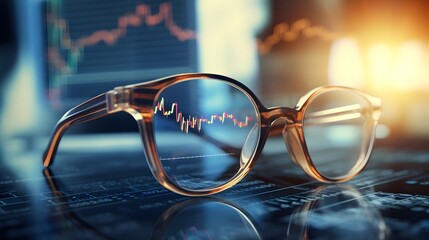 Banner shot of pair of glasses in front of stock market charts, stock market analysis concept - obrazy, fototapety, plakaty
