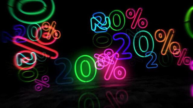 20% neon symbol. Light color bulbs. 20 percent off sale and discount promotion retail abstract seamless and loopable concept. 3d flying through the tunnel animation.
