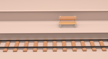 Park bench, train track, waiting for public transport, wooden and metal bench, train line (3d illustration)
