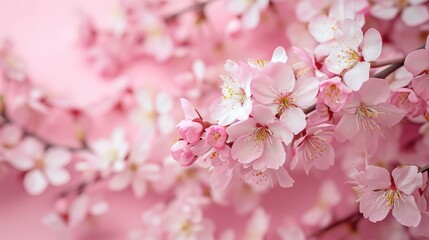 Fototapeta na wymiar Tranquil Cherry Blossoms on Pink: Delicate Blooms with Spring Freshness - Valentine's Day Concept