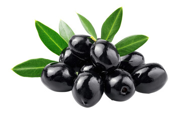 black olives with leaves isolate transparent background