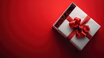 Surprise Awaiting in Open Gift Box: White Box with Red Ribbon on Rich Red Backdrop - Valentine's Day Concept
