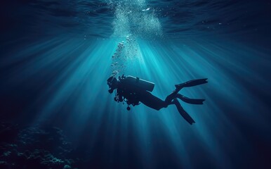 Obraz premium Exploring the mesmerizing depths of the ocean, a divemaster dons their oxygen mask and finswims through the tranquil underwater world with their trusty diving equipment