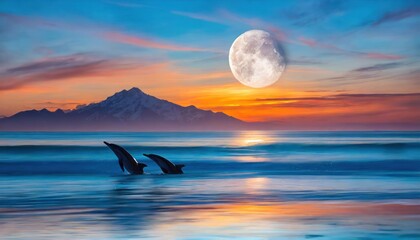 Background of amazing crescent full moon over the sea and dolphins under the sea