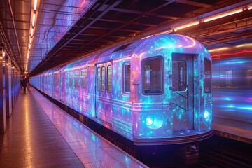 Fototapeta premium The brightly lit train emerges from the darkness of the night, its electric lights guiding passengers towards their destination at the bustling transport hub