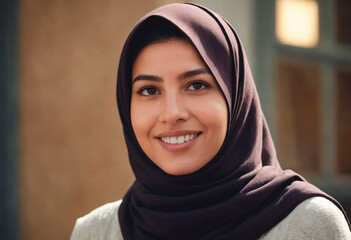 Portrait of a beautiful young muslim woman in hijab smiling at the camera