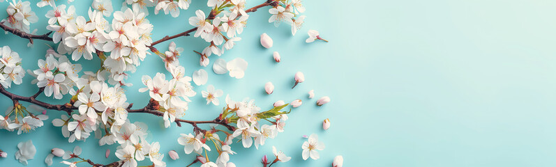 Funny bunny toy lying on the blue background with pastel painted eggs and blooming cherry branches. Easter concept. - obrazy, fototapety, plakaty