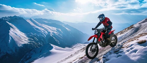 Motocross rider on the race on a snow-covered track. Motocross. Enduro. Extreme sport concept.