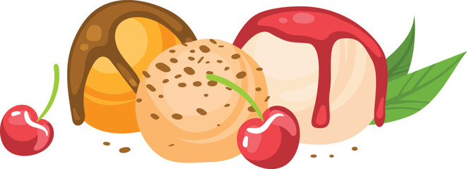 Cherry, ice cream, and cookies with chocolate chips, dessert set. Sweet treats and summer snacks vector illustration.