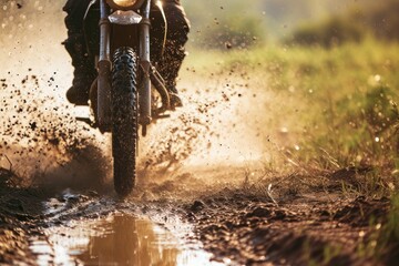 Motocross rider in action on a muddy road during a race. Motocross. Enduro. Extreme sport concept.