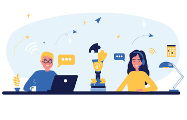 Business concept. Team metaphor. People connect puzzle elements. Flat illustration in flat design style. Teamwork, collaboration, partnership. Businessmen working together and moving towards success.