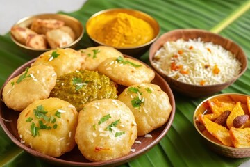 Delicious traditional food celebrated on hindu new year gudipadwa festival, gudi padwa sweets and cuisine image